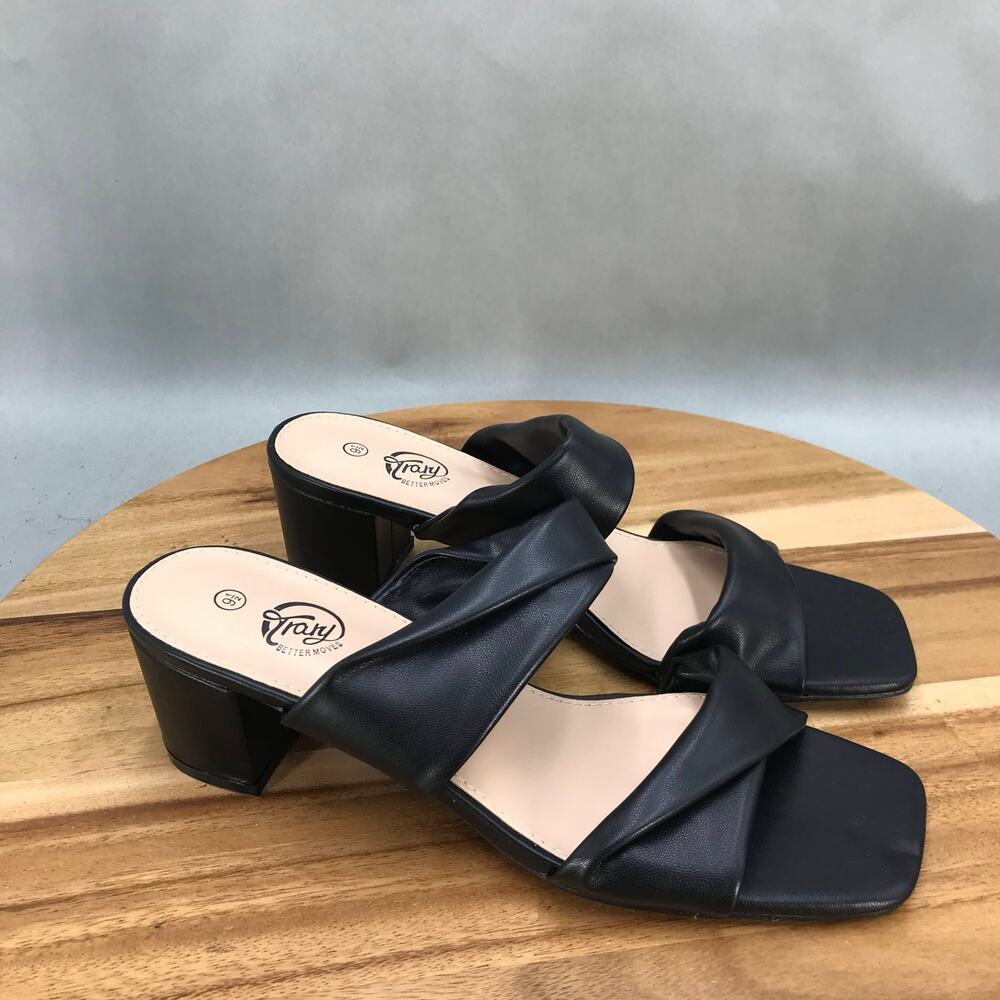 Trary Chunky Sandals Womens‎ 9.5 Black Block Heel Slides Slip On Faux Leather